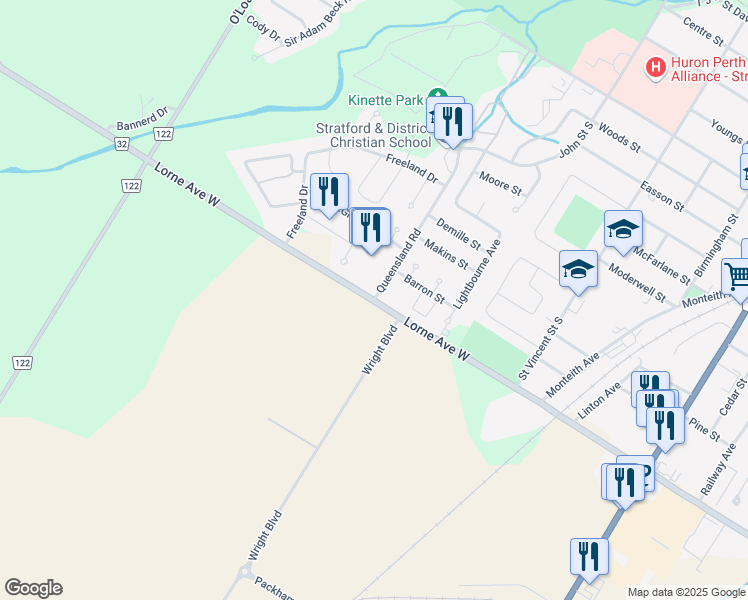 map of restaurants, bars, coffee shops, grocery stores, and more near in Stratford