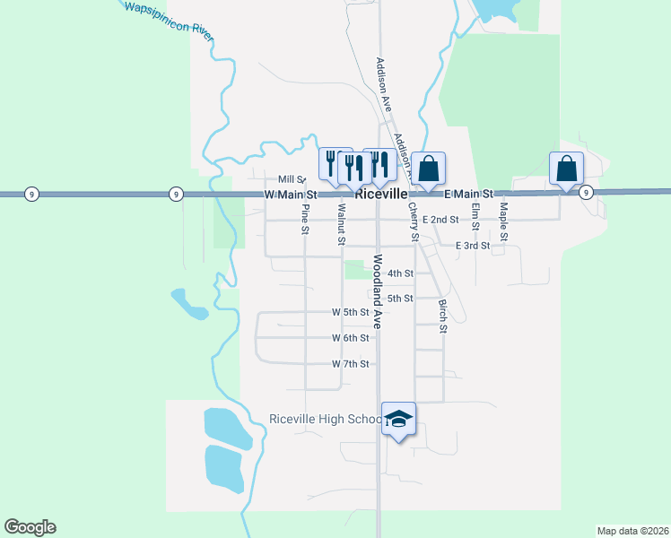 map of restaurants, bars, coffee shops, grocery stores, and more near 301-499 Walnut Street in Riceville
