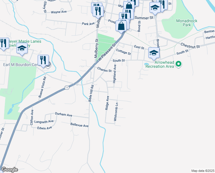 map of restaurants, bars, coffee shops, grocery stores, and more near 20 Ridge Avenue in Claremont