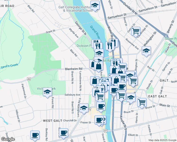map of restaurants, bars, coffee shops, grocery stores, and more near 45 Blair Road in Cambridge