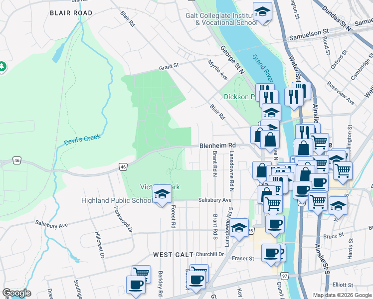 map of restaurants, bars, coffee shops, grocery stores, and more near 60 Blenheim Road in Cambridge