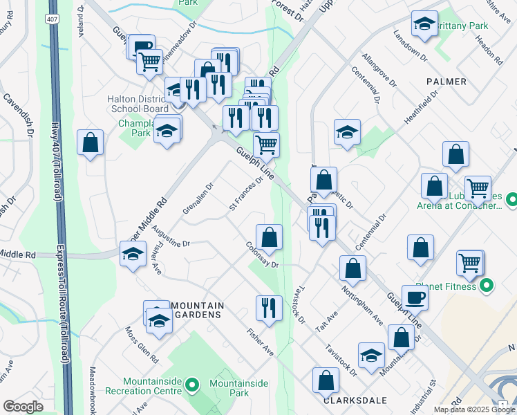 map of restaurants, bars, coffee shops, grocery stores, and more near 1491 Brenner Crescent in Burlington