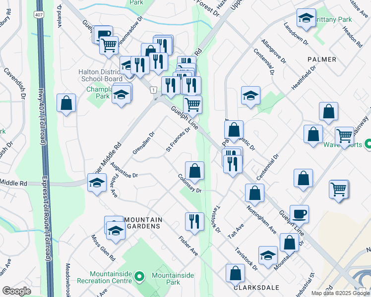 map of restaurants, bars, coffee shops, grocery stores, and more near 1495 Brenner Crescent in Burlington