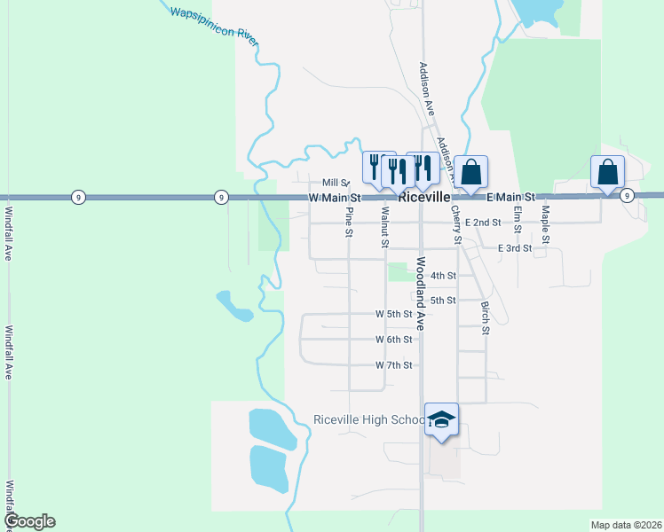 map of restaurants, bars, coffee shops, grocery stores, and more near 242-298 West 3rd Street in Riceville