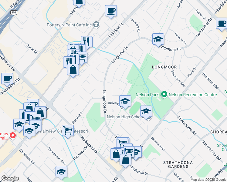 map of restaurants, bars, coffee shops, grocery stores, and more near 4162 Sutherland Crescent in Burlington