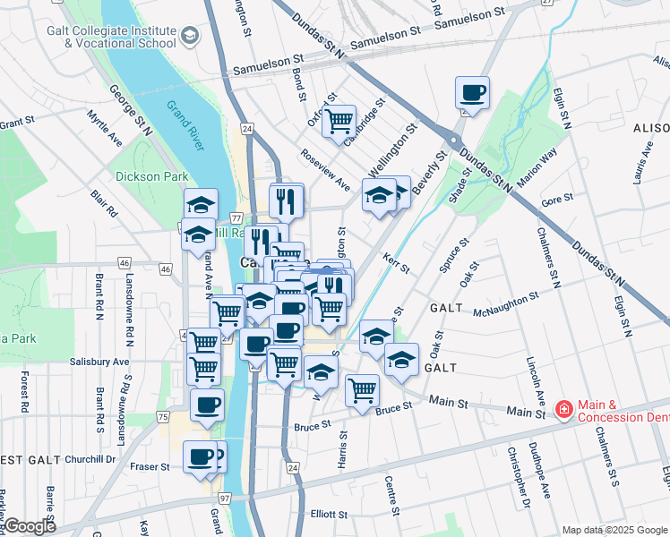 map of restaurants, bars, coffee shops, grocery stores, and more near in Cambridge