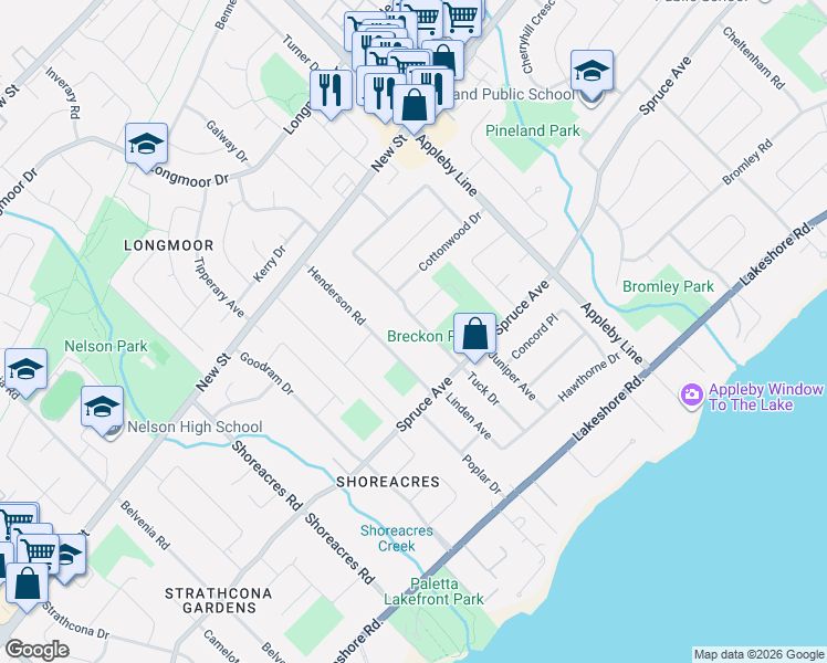 map of restaurants, bars, coffee shops, grocery stores, and more near 4437 Breckongate Court in Burlington