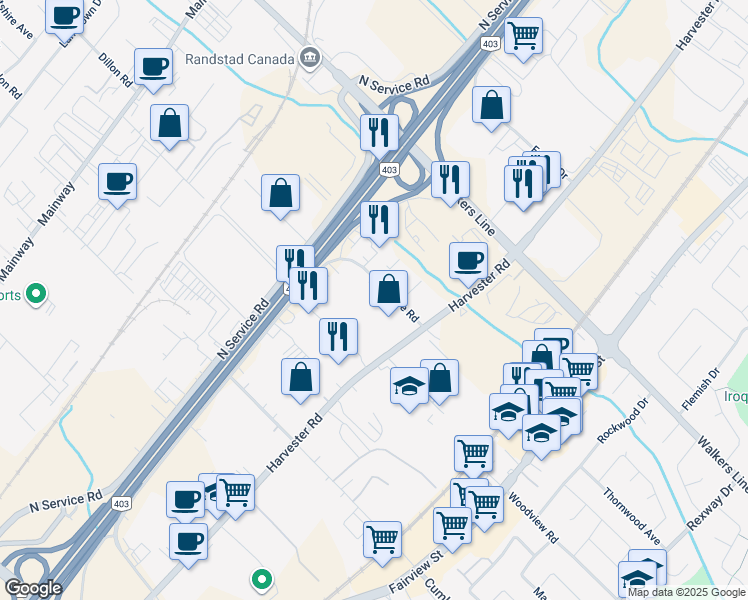 map of restaurants, bars, coffee shops, grocery stores, and more near 3430 South Service Road in Burlington