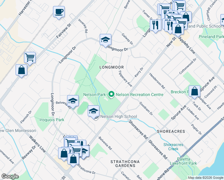 map of restaurants, bars, coffee shops, grocery stores, and more near 4295 Belfast Avenue in Burlington