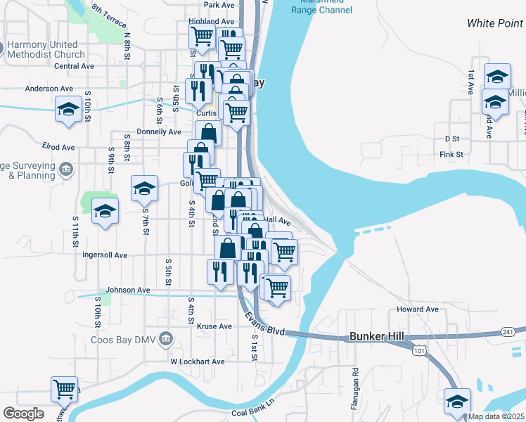 map of restaurants, bars, coffee shops, grocery stores, and more near 800 South 1st Street in Coos Bay
