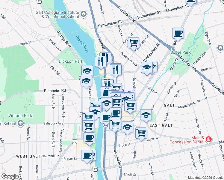 map of restaurants, bars, coffee shops, grocery stores, and more near in Cambridge