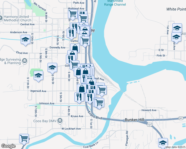 map of restaurants, bars, coffee shops, grocery stores, and more near 800 South 1st Street in Coos Bay