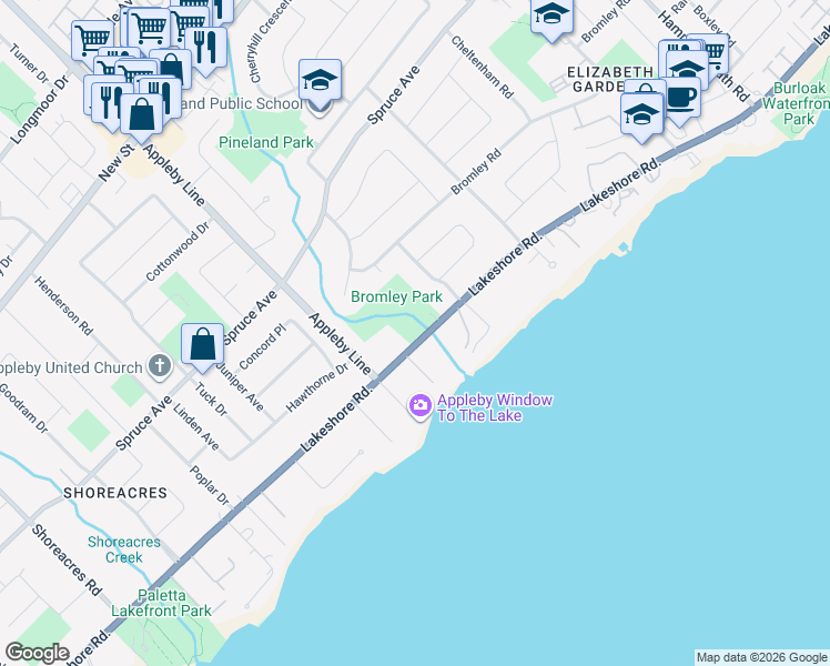 map of restaurants, bars, coffee shops, grocery stores, and more near 5047 Lakeshore Road in Burlington