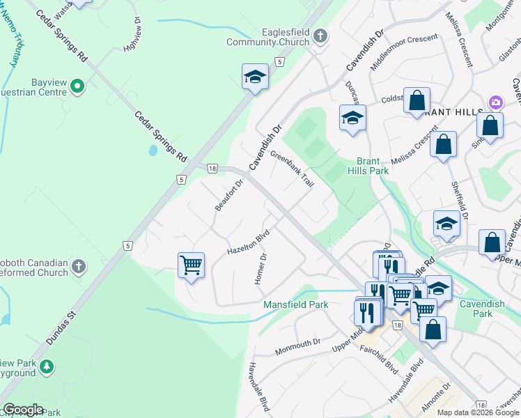 map of restaurants, bars, coffee shops, grocery stores, and more near 2500 Brant Street in Burlington