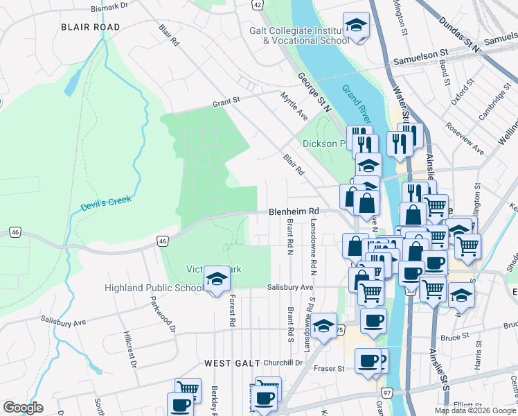 map of restaurants, bars, coffee shops, grocery stores, and more near 60 Blenheim Road in Cambridge
