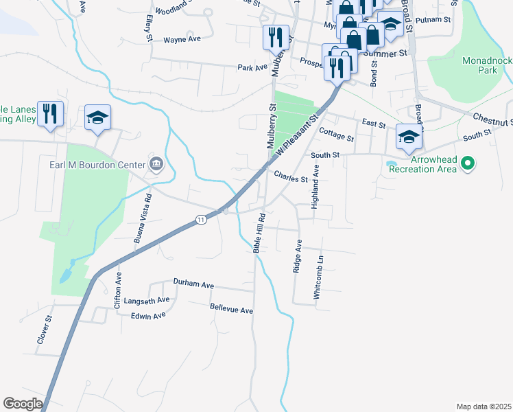 map of restaurants, bars, coffee shops, grocery stores, and more near 5 Wolcott Street in Claremont