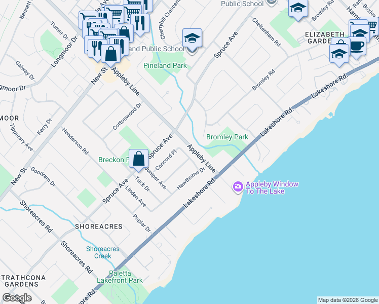 map of restaurants, bars, coffee shops, grocery stores, and more near 4515 Concord Place in Burlington