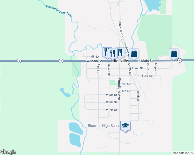 map of restaurants, bars, coffee shops, grocery stores, and more near 200-298 Pine St in Riceville