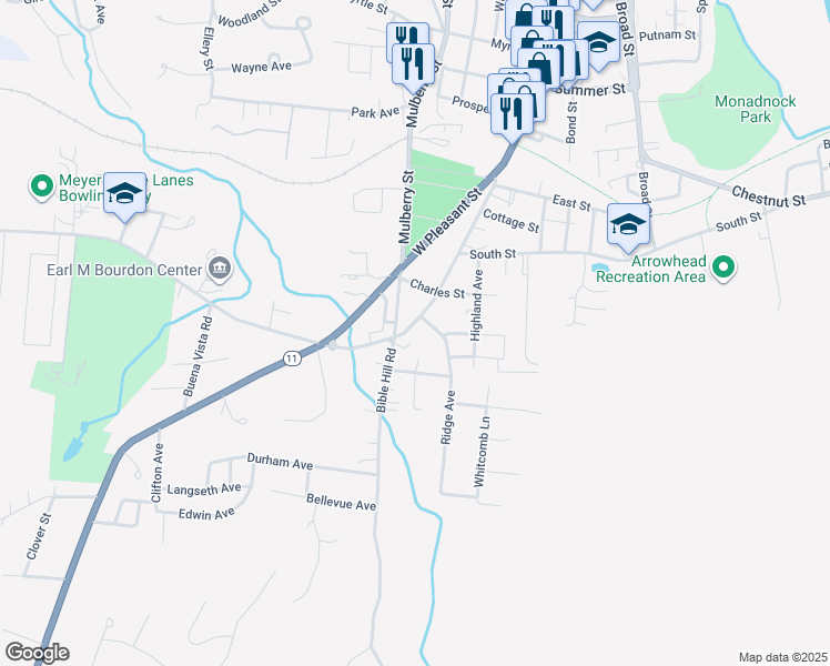 map of restaurants, bars, coffee shops, grocery stores, and more near 284 West Pleasant Street in Claremont