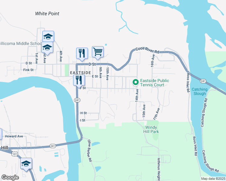 map of restaurants, bars, coffee shops, grocery stores, and more near 611 11th Avenue in Coos Bay