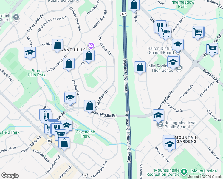 map of restaurants, bars, coffee shops, grocery stores, and more near 150 Cavendish Drive in Burlington