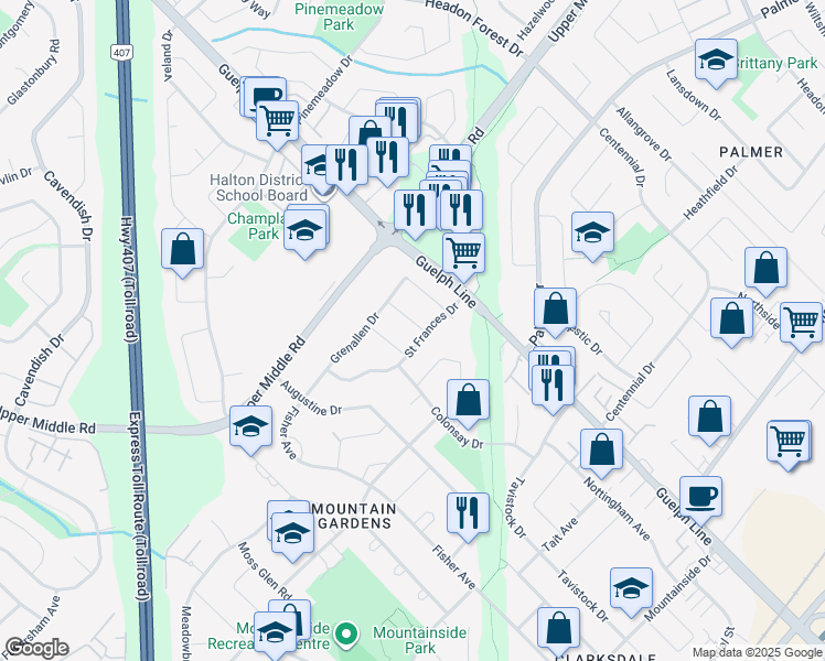 map of restaurants, bars, coffee shops, grocery stores, and more near 1482 Barnett Drive in Burlington
