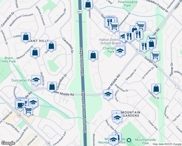 map of restaurants, bars, coffee shops, grocery stores, and more near 2052 Coral Crescent in Burlington