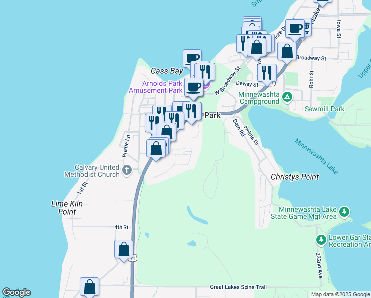 map of restaurants, bars, coffee shops, grocery stores, and more near 342 Benit Drive in Arnolds Park