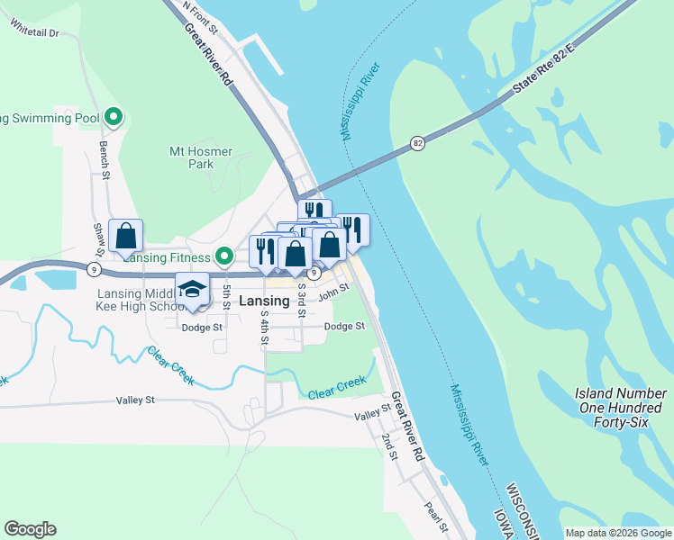 map of restaurants, bars, coffee shops, grocery stores, and more near 197 Main Street in Lansing