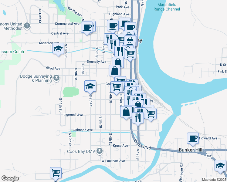 map of restaurants, bars, coffee shops, grocery stores, and more near 727 South 2nd Street in Coos Bay