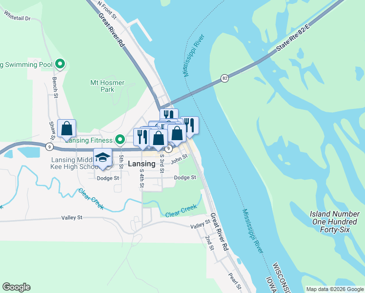 map of restaurants, bars, coffee shops, grocery stores, and more near 197 Main Street in Lansing
