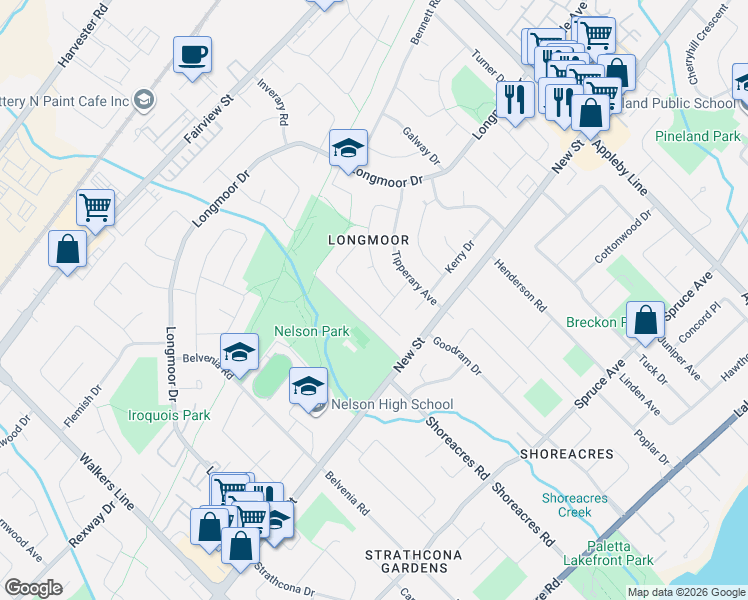 map of restaurants, bars, coffee shops, grocery stores, and more near 4295 Belfast Avenue in Burlington