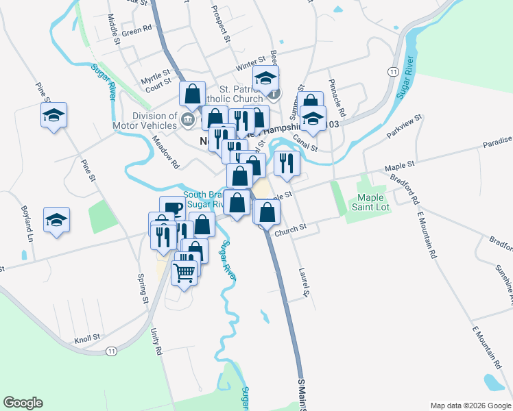 map of restaurants, bars, coffee shops, grocery stores, and more near 93 Main Street in Newport