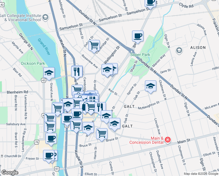 map of restaurants, bars, coffee shops, grocery stores, and more near 36 Kerr Street in Cambridge