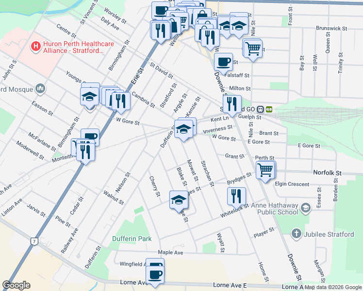 map of restaurants, bars, coffee shops, grocery stores, and more near 30 Mowat Street in Stratford