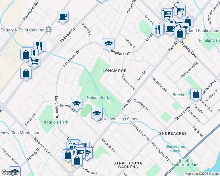 map of restaurants, bars, coffee shops, grocery stores, and more near 498 Wicklow Road in Burlington