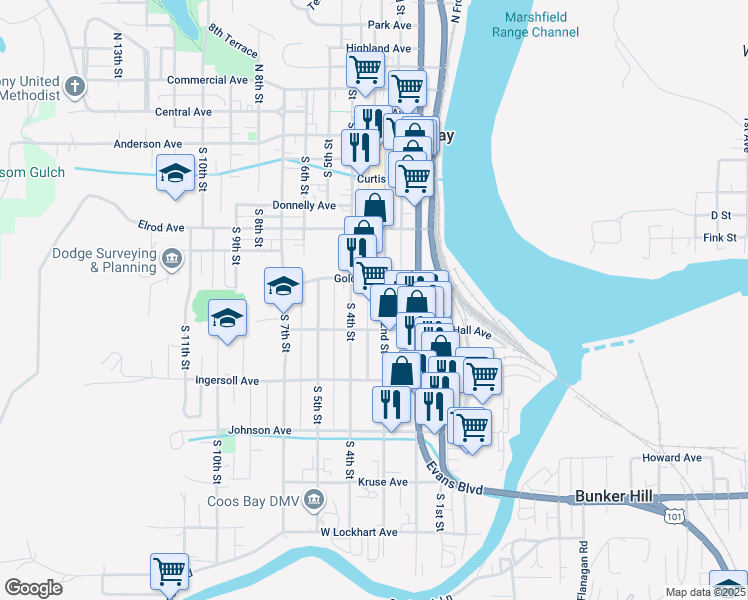 map of restaurants, bars, coffee shops, grocery stores, and more near 727 South 2nd Street in Coos Bay
