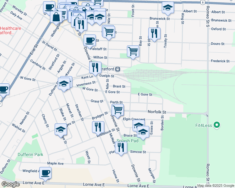 map of restaurants, bars, coffee shops, grocery stores, and more near 51 East Gore Street in Stratford