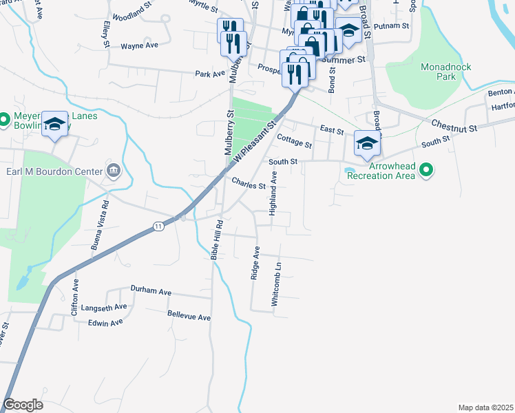 map of restaurants, bars, coffee shops, grocery stores, and more near 20 Ridge Avenue in Claremont