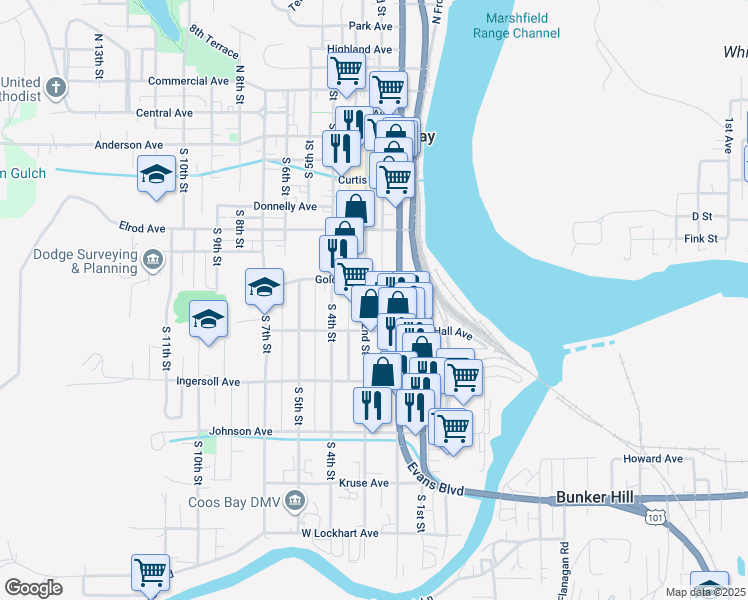map of restaurants, bars, coffee shops, grocery stores, and more near 727 South 2nd Street in Coos Bay