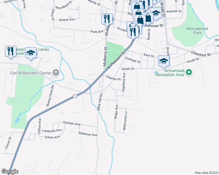 map of restaurants, bars, coffee shops, grocery stores, and more near 284 West Pleasant Street in Claremont