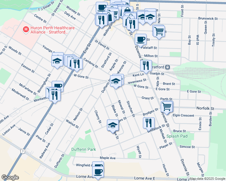 map of restaurants, bars, coffee shops, grocery stores, and more near 30 Mowat Street in Stratford