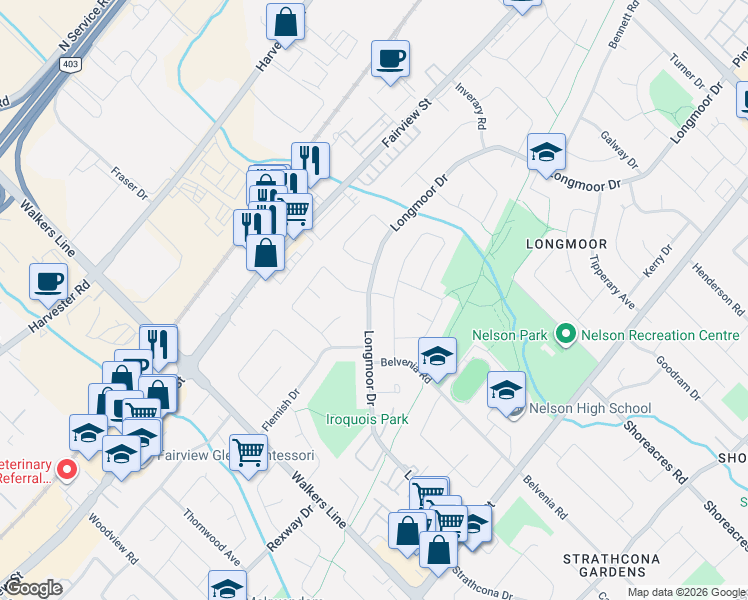 map of restaurants, bars, coffee shops, grocery stores, and more near 4258 Longmoor Drive in Burlington