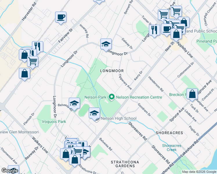 map of restaurants, bars, coffee shops, grocery stores, and more near 500 Wicklow Road in Burlington