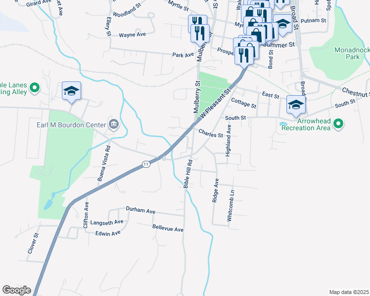 map of restaurants, bars, coffee shops, grocery stores, and more near 5 Wolcott Street in Claremont