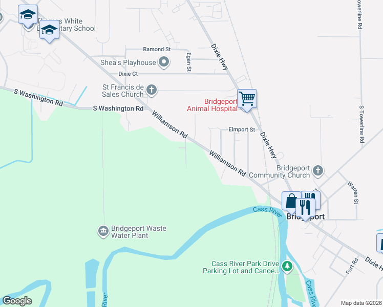 map of restaurants, bars, coffee shops, grocery stores, and more near 4211 Cass River Drive in Saginaw