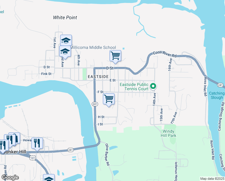 map of restaurants, bars, coffee shops, grocery stores, and more near 825 F Street in Coos Bay