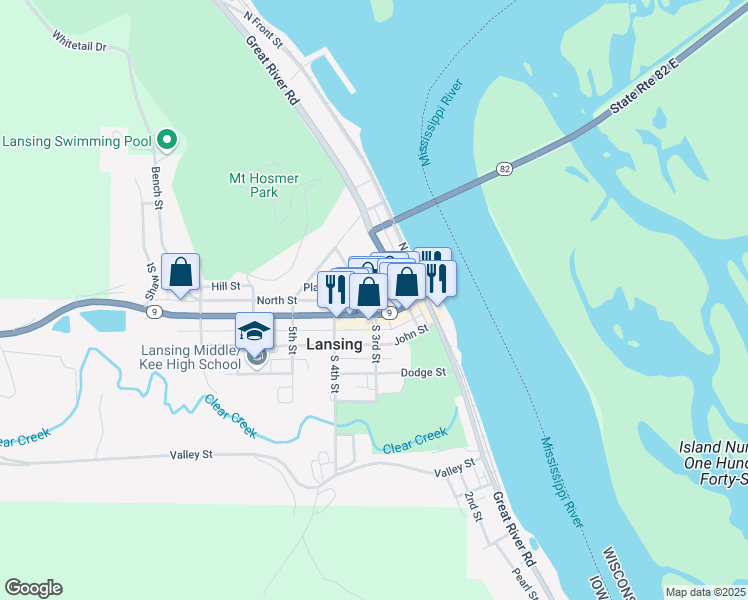 map of restaurants, bars, coffee shops, grocery stores, and more near 266 Main Street in Lansing