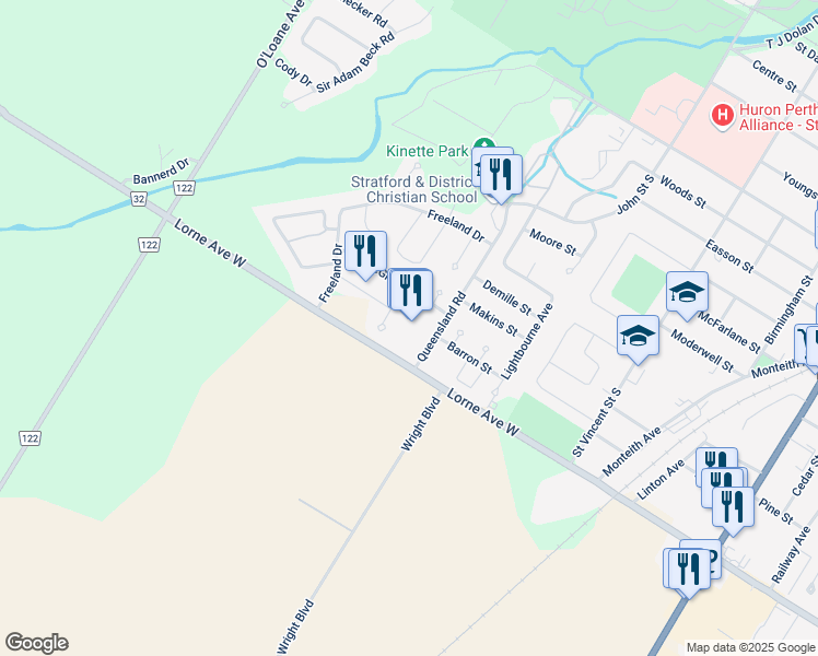 map of restaurants, bars, coffee shops, grocery stores, and more near 30 Queensland Road in Stratford