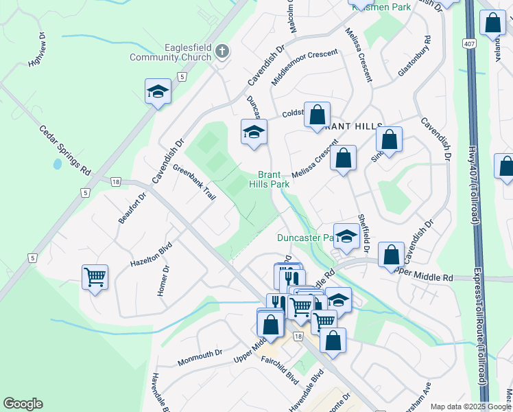 map of restaurants, bars, coffee shops, grocery stores, and more near 2300 Duncaster Drive in Burlington